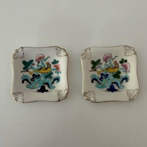 Vintage Japanese Square Ceramic Trinket Plates with Bird & Floral Design